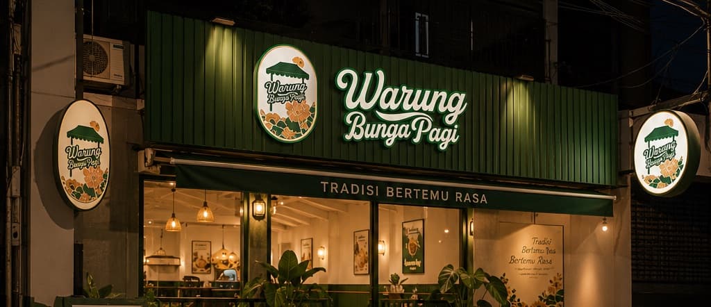 The Warung BungaPagi storefront in Bukit Bintang at night — green facade with the brand signage and 'Tradisi Bertemu Rasa'.