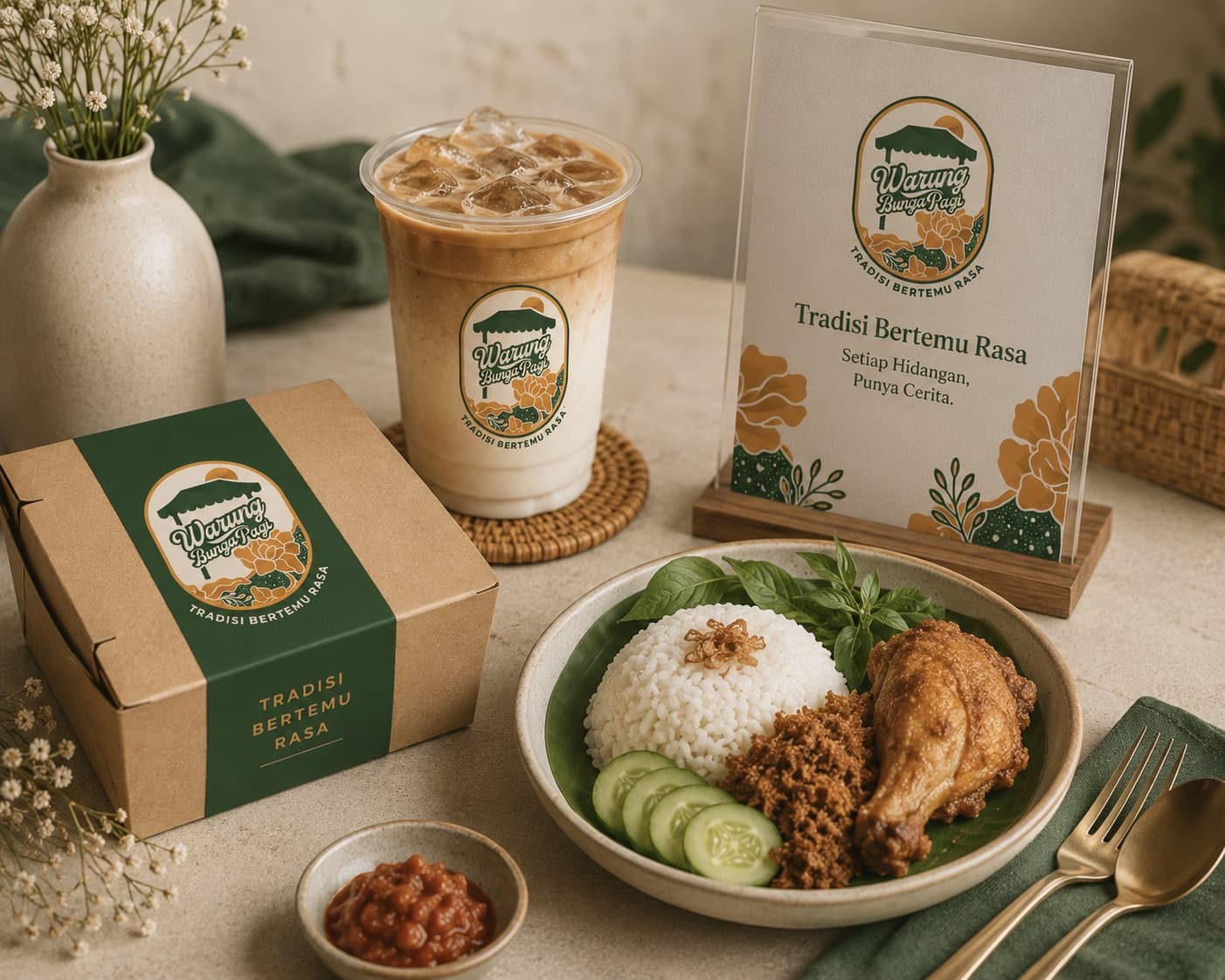 A Warung BungaPagi spread — Nasi Lemak Ayam with sambal, an iced signature drink, and branded takeaway packaging on a warm table.